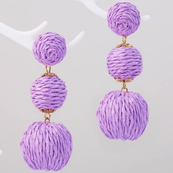 Chunky Lavender Rattan Earrings Wicker Bold Statement Wicker Dangle 80s 90s New - Picture 1 of 6